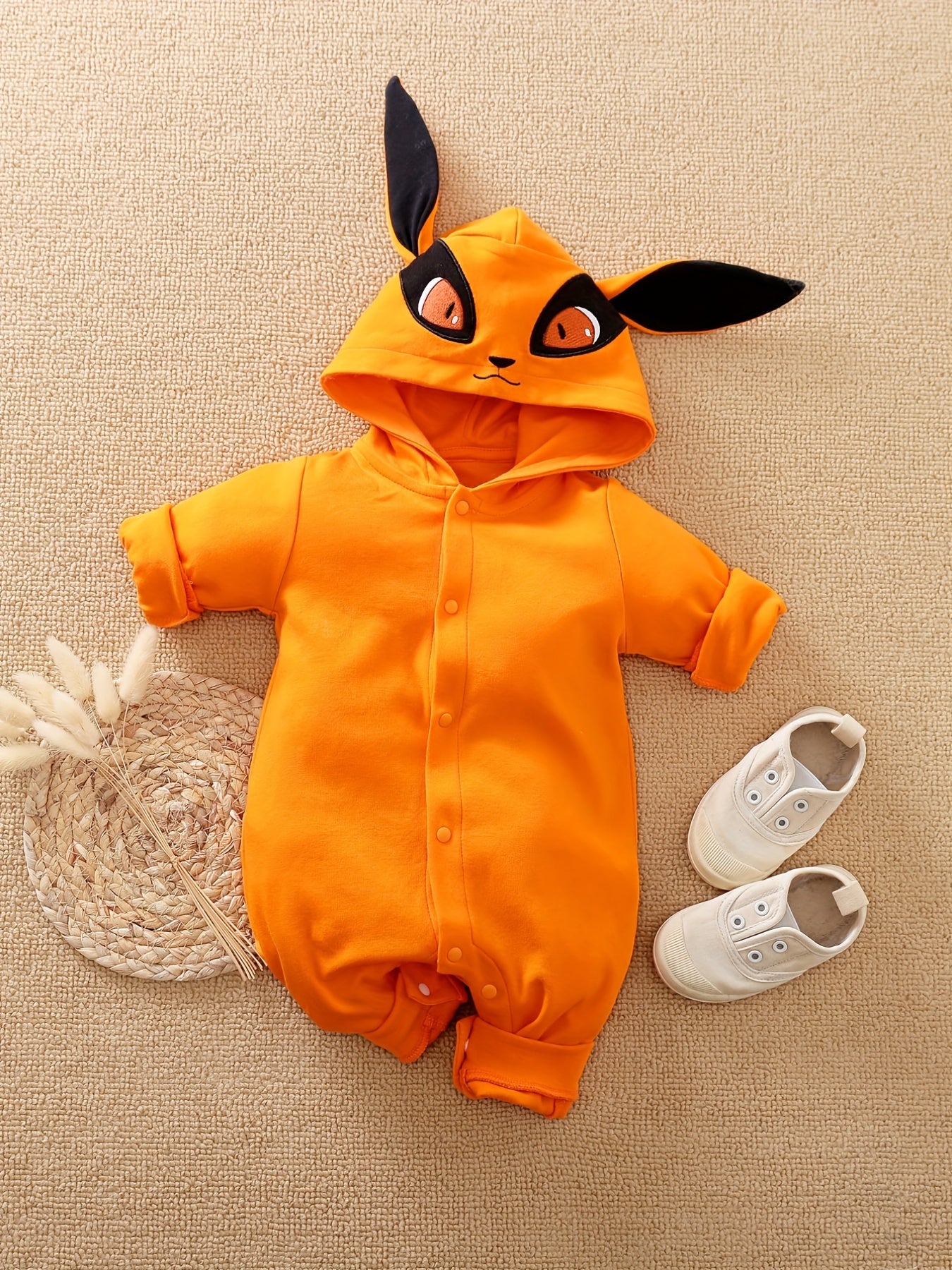 Fox Embroidered Baby Hooded Cotton Jumpsuit Unisex Bodysuit