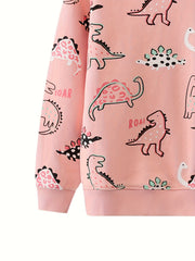 Girls Dinosaur Print Sweatshirt Crewneck Long Sleeve Casual Pullover
