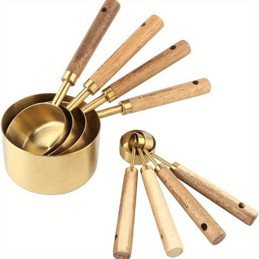 8pcs Golden Measuring Cup Set & Spoon with Wood Handle