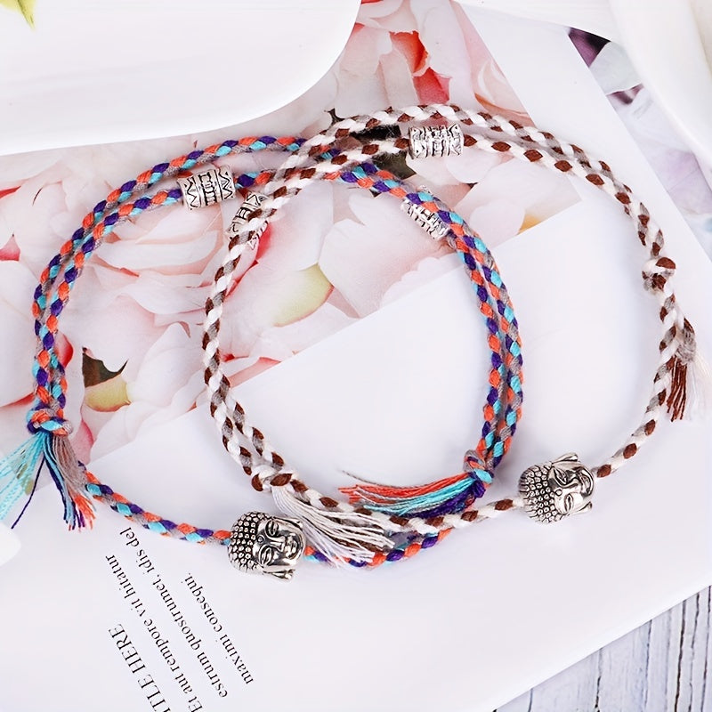Colorful Braided Bracelet Metal Buddha Head Decor Wristband