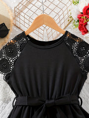 Girls' Lace Shoulder Short Sleeve Tunic Dress - Party Holiday Outing