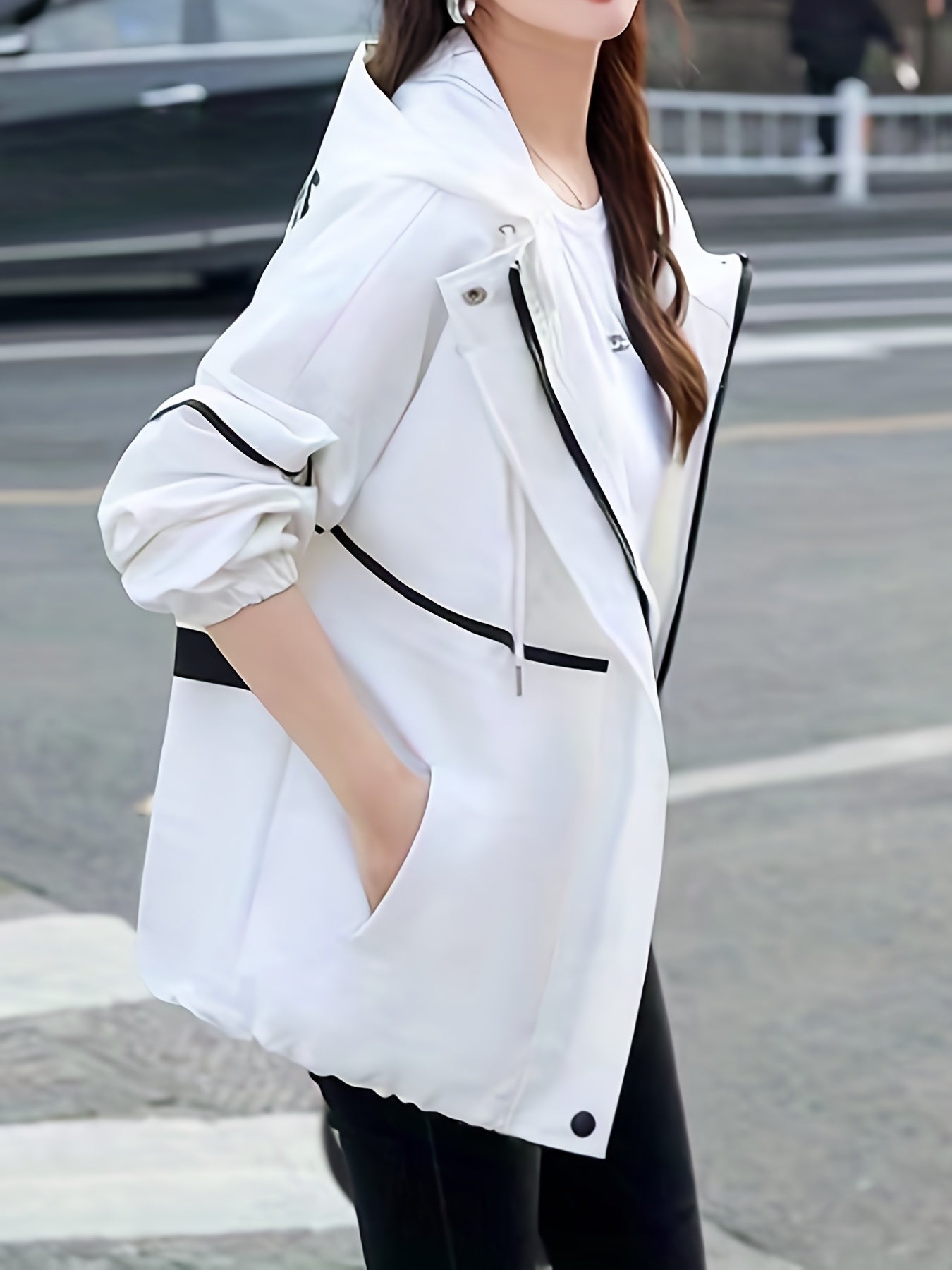 Drawstring Pocket Hooded Jacket for Women