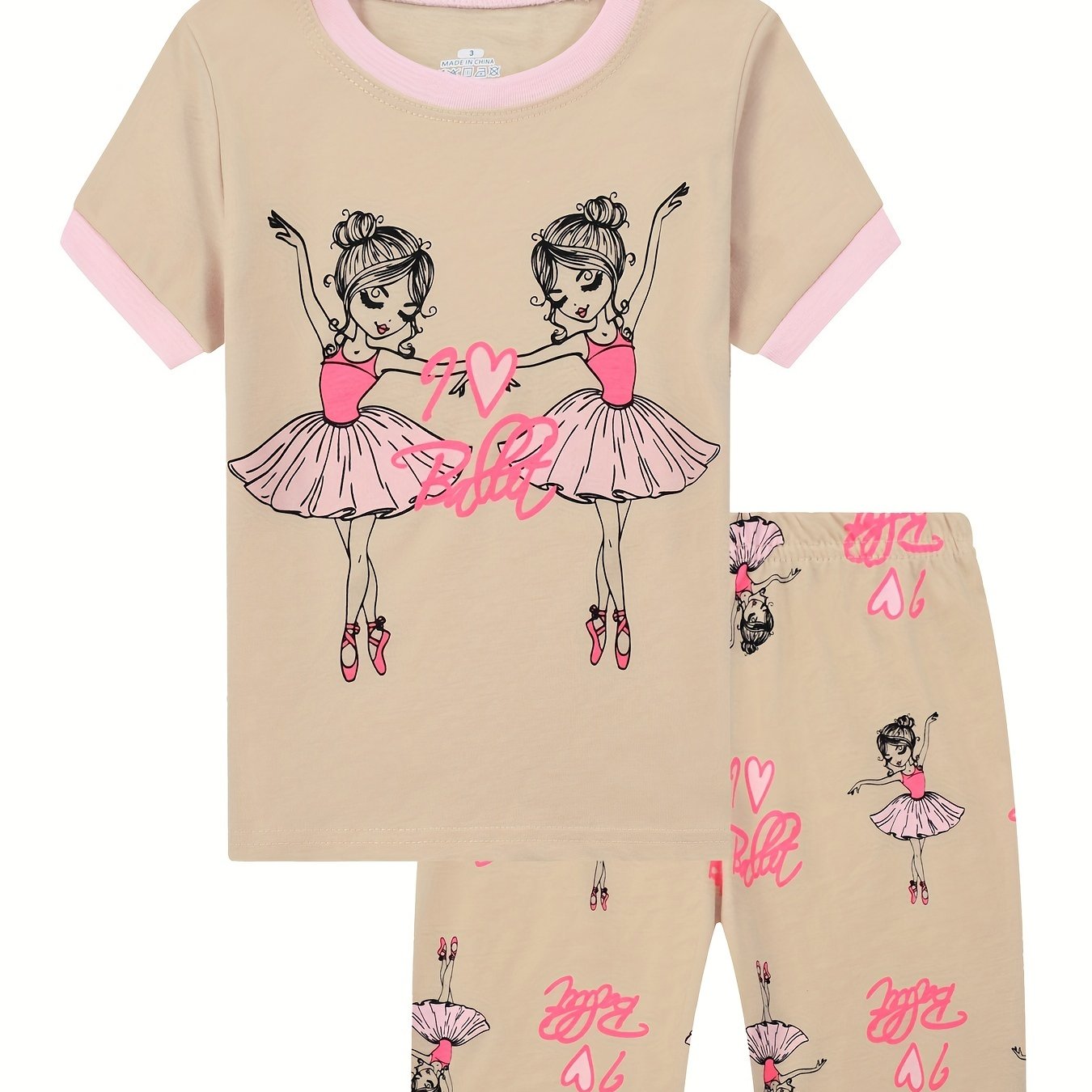 Girls Ballet Girl Graphic Pajamas Set Short Sleeve Tee & Shorts Sleepwear