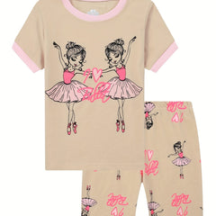 Girls Ballet Girl Graphic Pajamas Set Short Sleeve Tee & Shorts Sleepwear