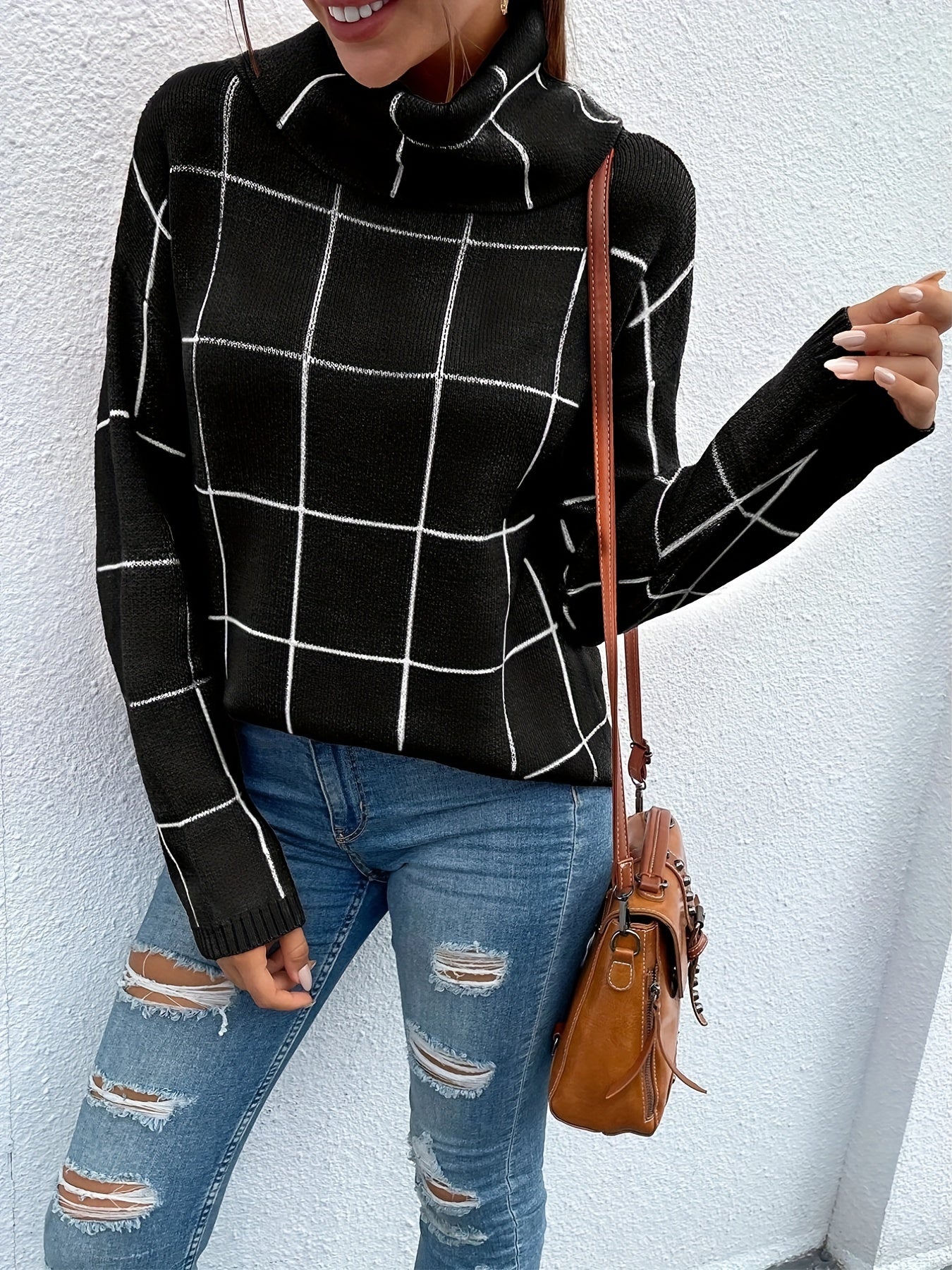 Plaid Print Turtle Neck Sweater for Women