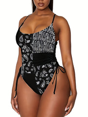 Boho Swimsuit Paisley Print Scoop Neck Drawstring One Piece