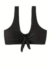 Front Bow Knot V Neck Bikini Top Solid Stretchy Swimsuit