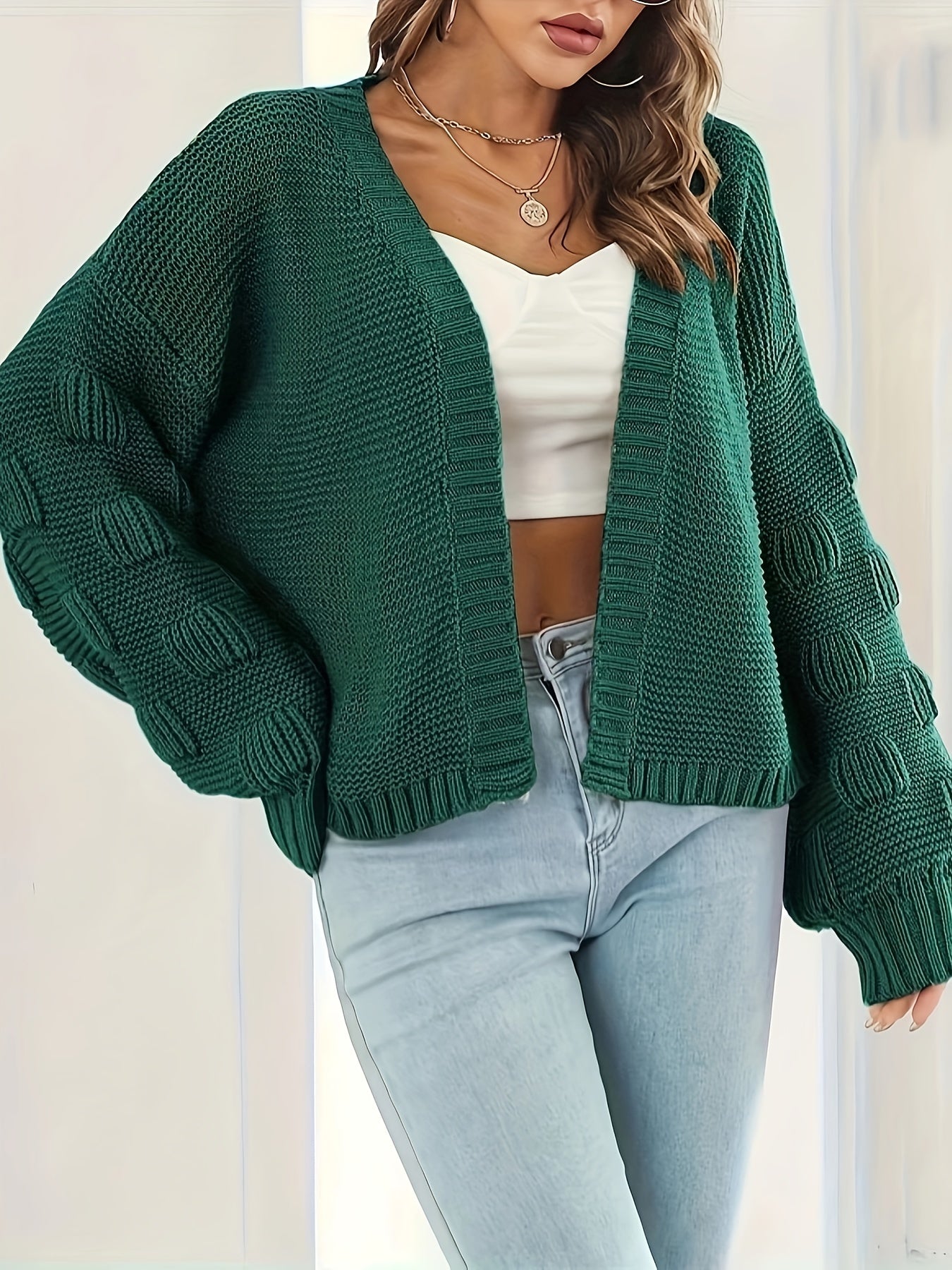 Solid Jacquard Long Sleeve Open Front Cardigan