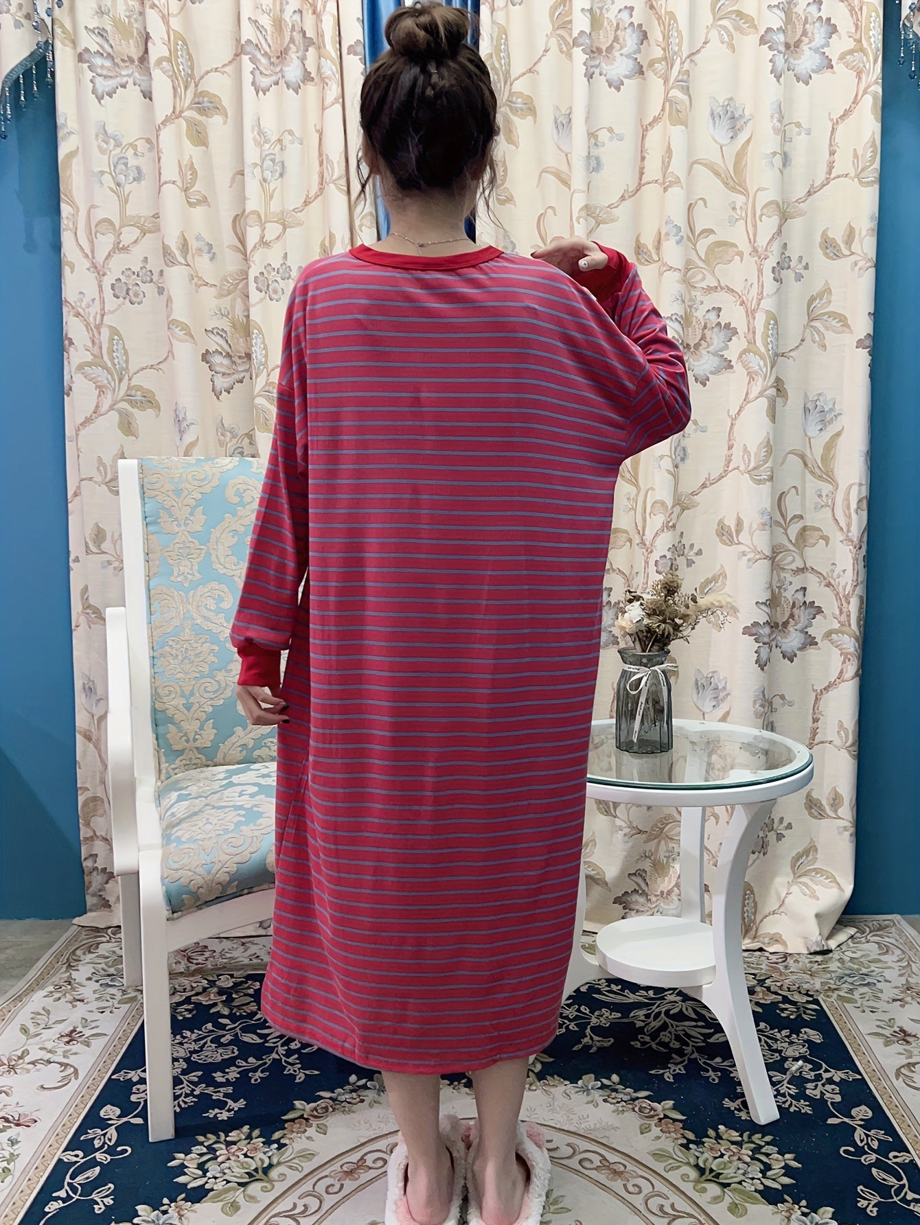 Flower Pattern Lounge Dress Long Sleeve Striped Home Dress Women's Loungewear