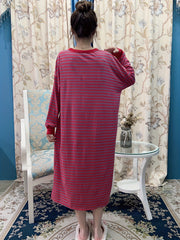 Flower Pattern Lounge Dress Long Sleeve Striped Home Dress Women's Loungewear