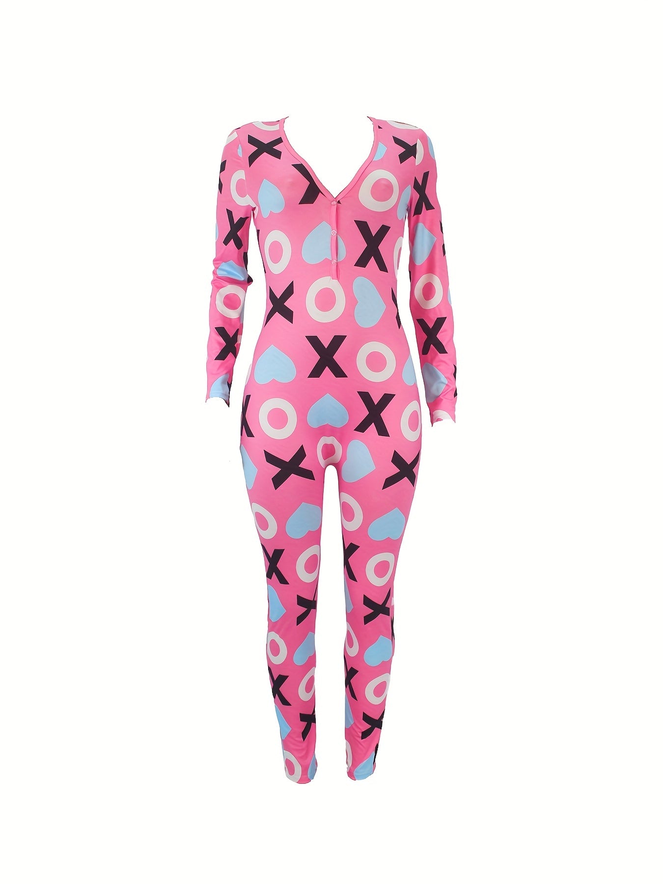Heart Print Lounge Jumpsuit Long Sleeve V Neck Buttons Romper Women's Loungewear