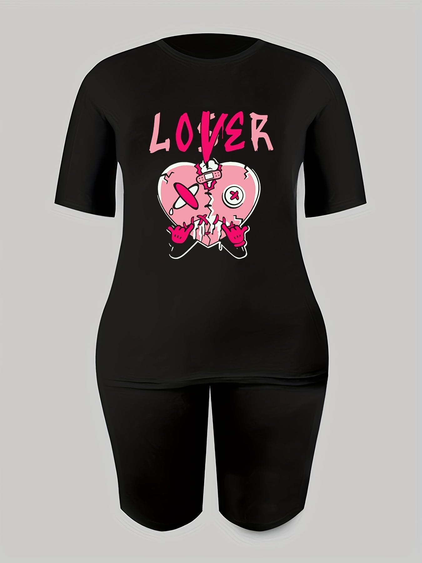 2pcs Heart Graphic T Shirt & Solid Shorts Set Women's Activewear