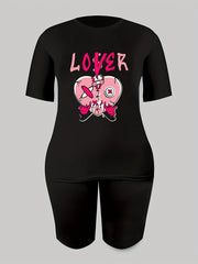 2pcs Heart Graphic T Shirt & Solid Shorts Set Women's Activewear