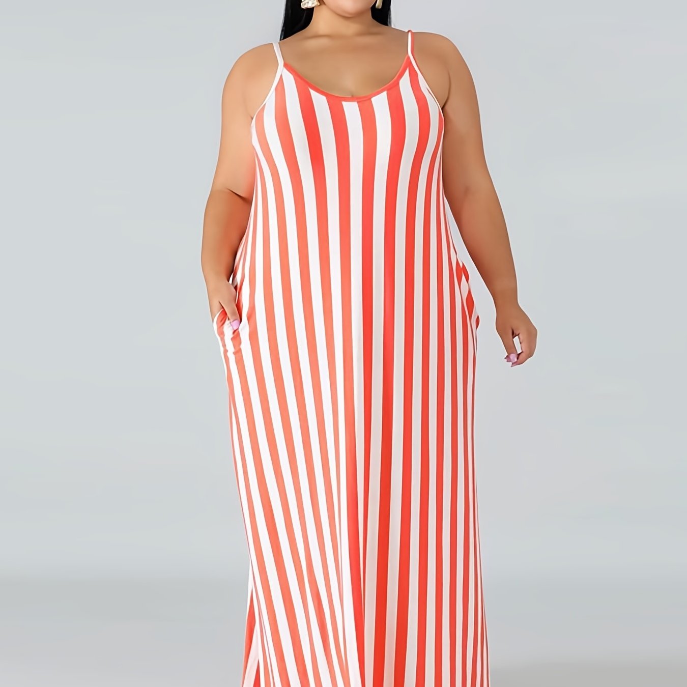Strip Cami Maxi Dress With Pockets Women's Plus Medium Stretch
