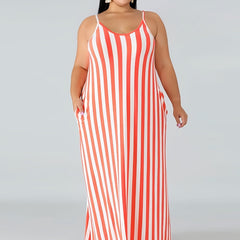Strip Cami Maxi Dress With Pockets Women's Plus Medium Stretch