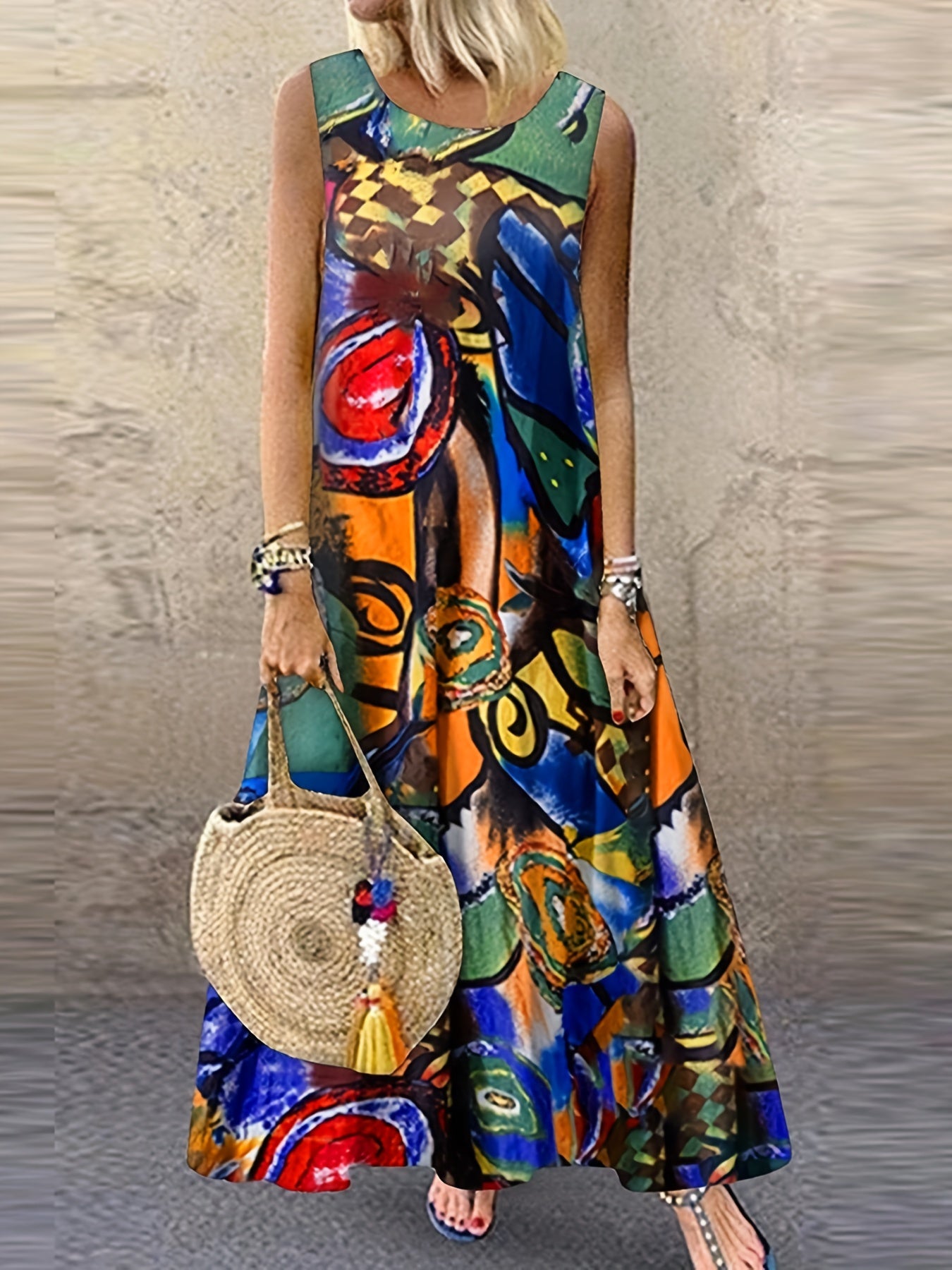 Abstract Painting Print Maxi Tank Dress Plus Size