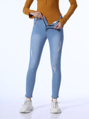 High Rise Ripped Cropped Skinny Jeans Mid Waist Distressed Denim Pants