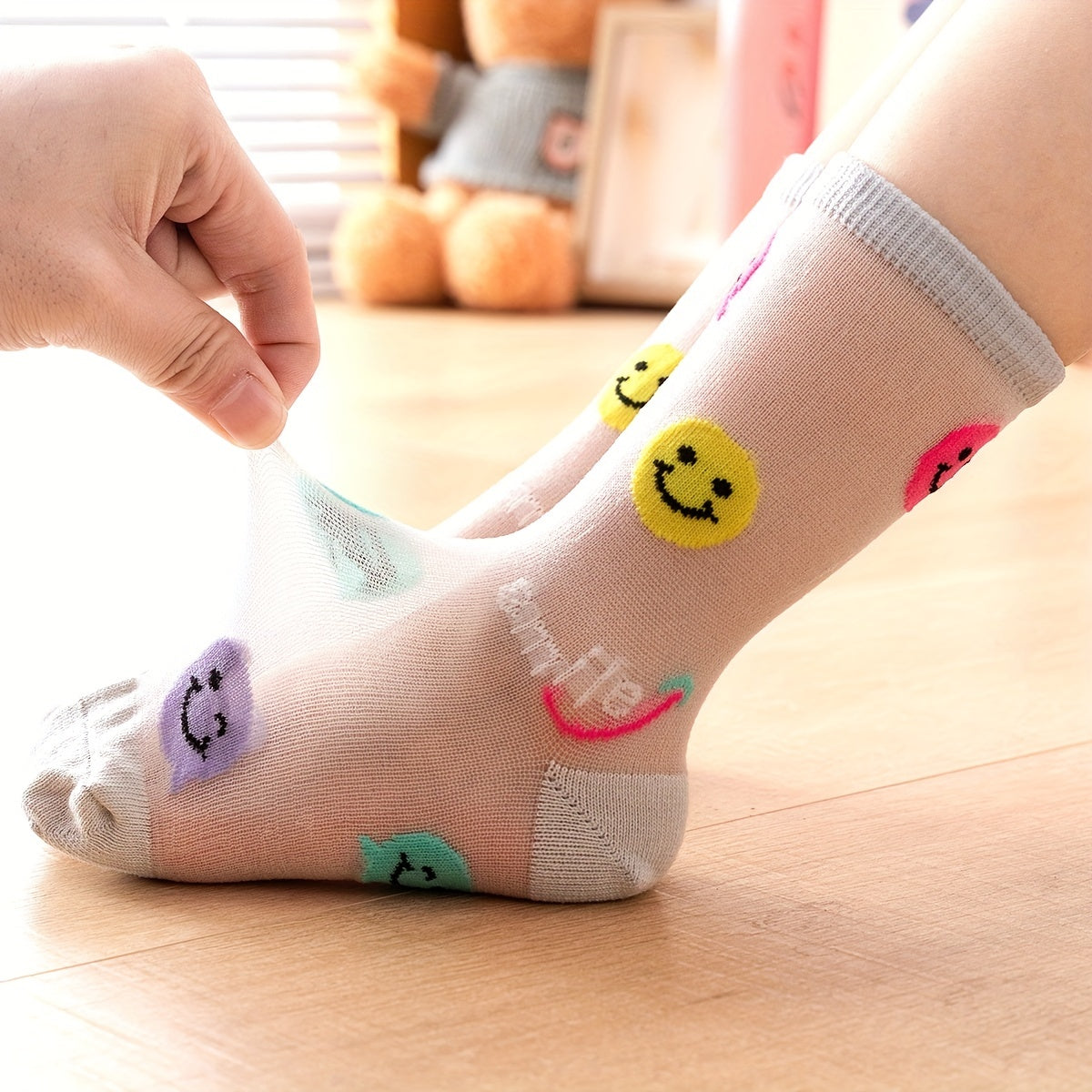 5 Pairs Kids Cartoon Smile Face Ice Silk Crew Socks