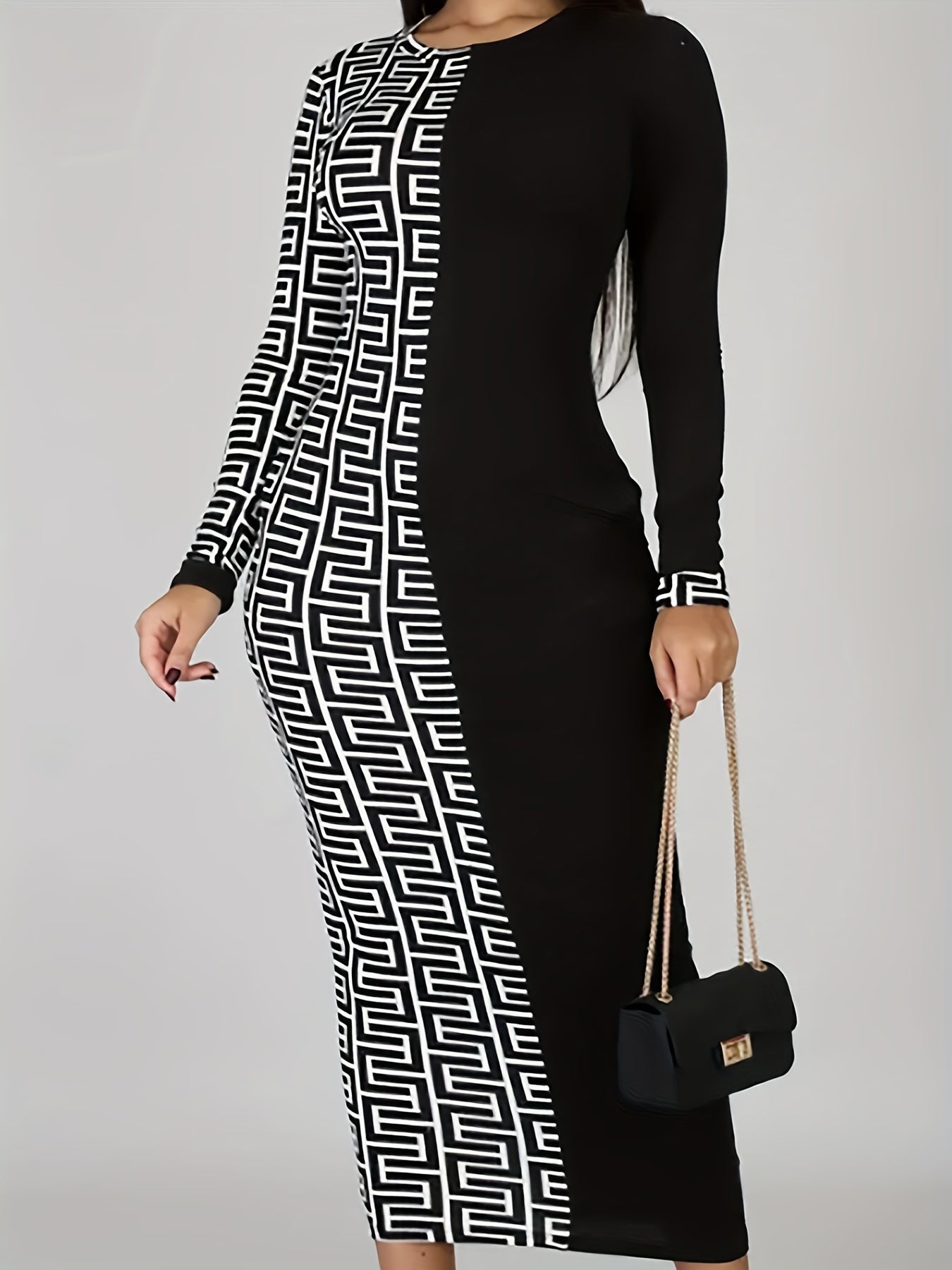 Colorblock Geometric Print Bodycon Midi Dress