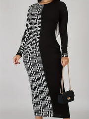 Colorblock Geometric Print Bodycon Midi Dress
