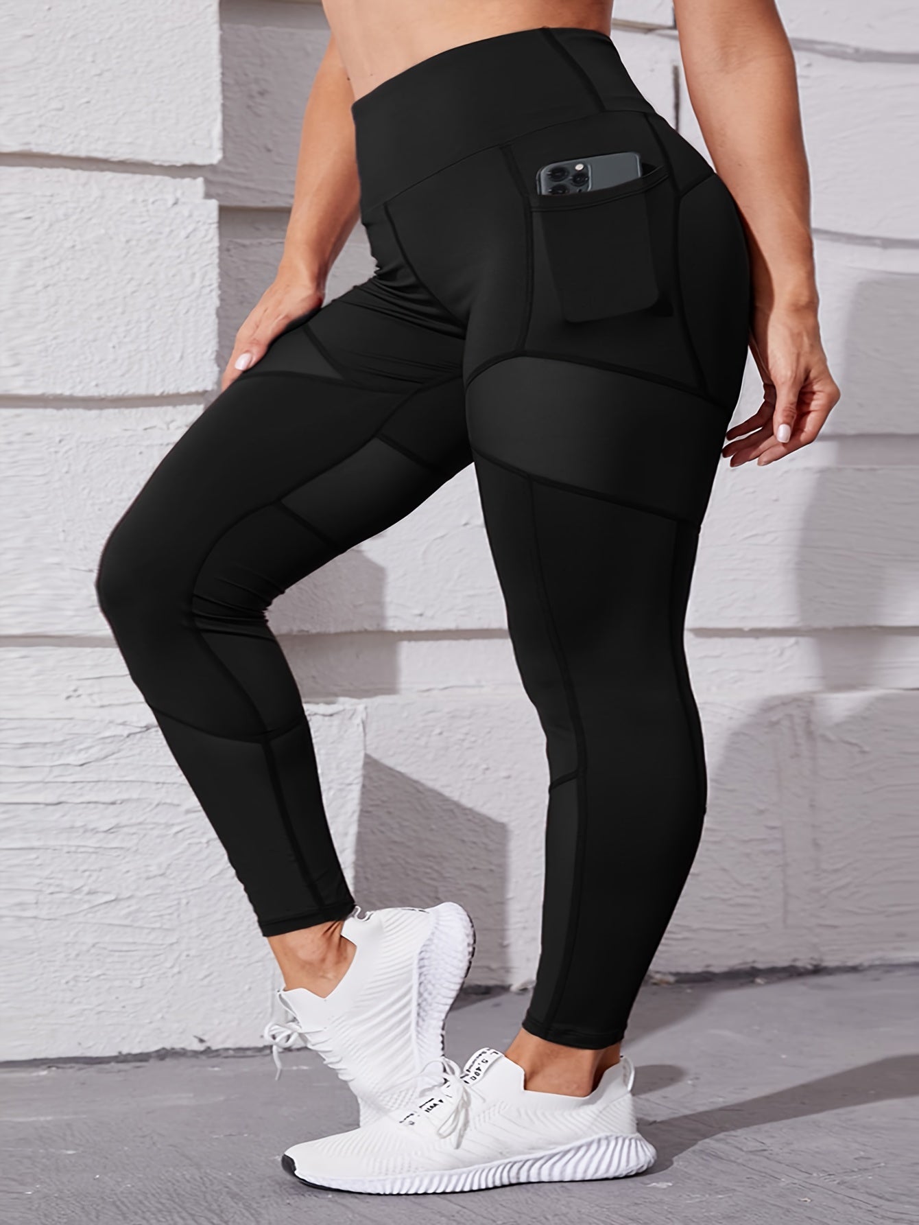 Solid Pipping Contrast Mesh High Rise Stretch Leggings With Pocket