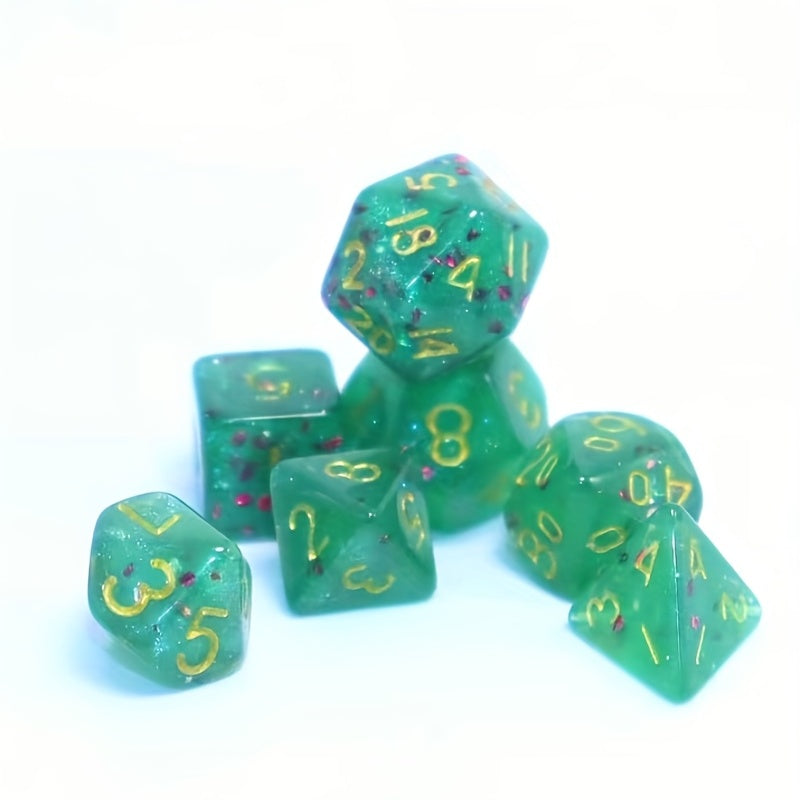 7pcs Mini Dice Game Set Green Glitter Polyhedral Role Play Game