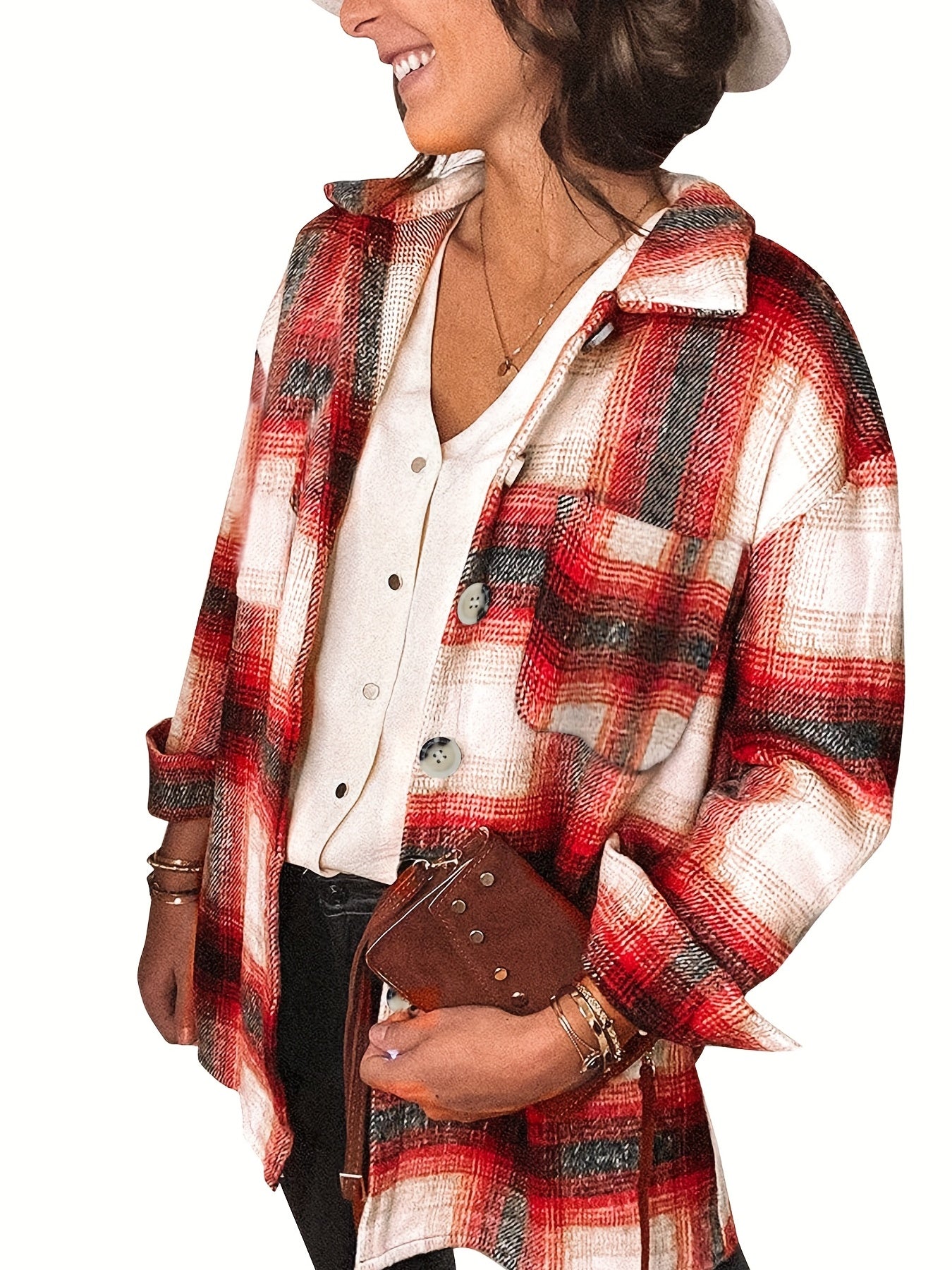 Plaid Patched Pocket Jacket Long Sleeve Spring Fall Women's Clothing