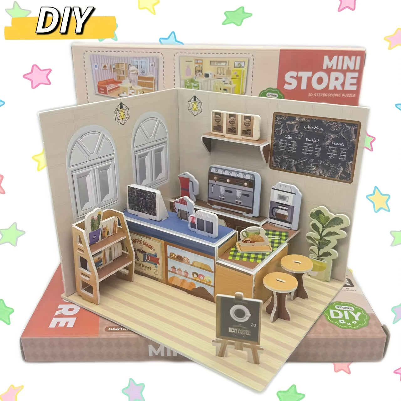 3D House Puzzle DIY Mini Kitchen Living Room Ice Cream Parlor Coffee Cake Set