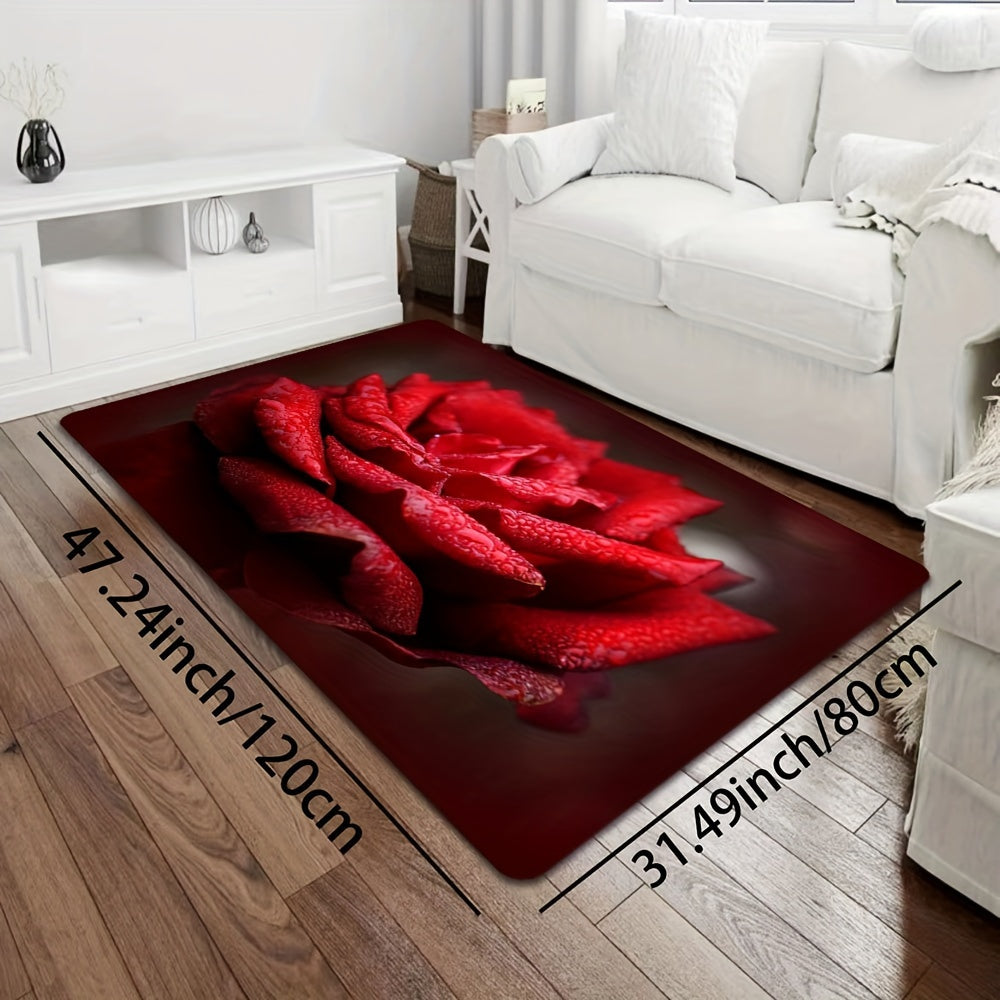 Red Rose Print Rug Abstract Stylish Bottom Carpet Washable Rectangular Carpet