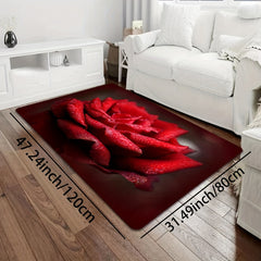 Red Rose Print Rug Abstract Stylish Bottom Carpet Washable Rectangular Carpet
