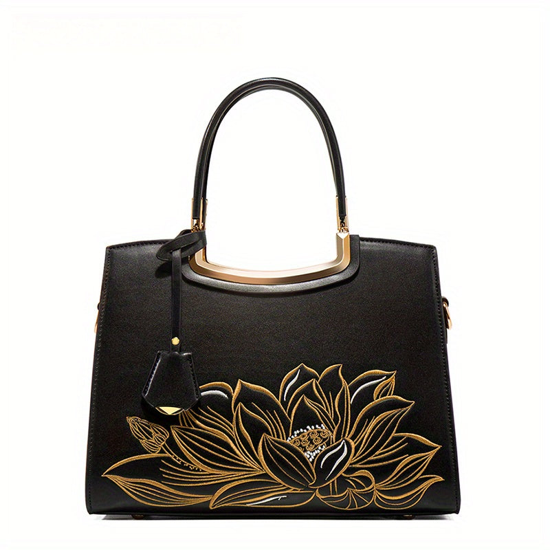 Embossed Leather Handbag for Women with Adjustable Strap & Zipper Closure