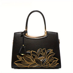 Embossed Leather Handbag for Women with Adjustable Strap & Zipper Closure