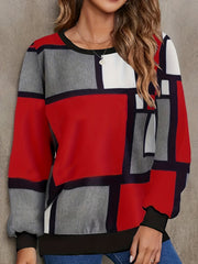 Geo Print Block Crew Neck Pullover Sweatshirt for Women
