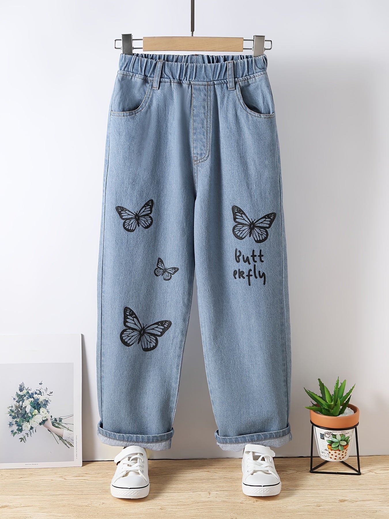 Girls Butterfly Graphic Pocket Casual Sports Loose Elastic Waist Wide Leg Jeans