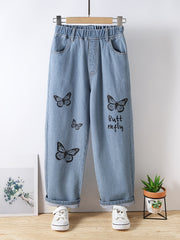 Girls Butterfly Graphic Pocket Casual Sports Loose Elastic Waist Wide Leg Jeans