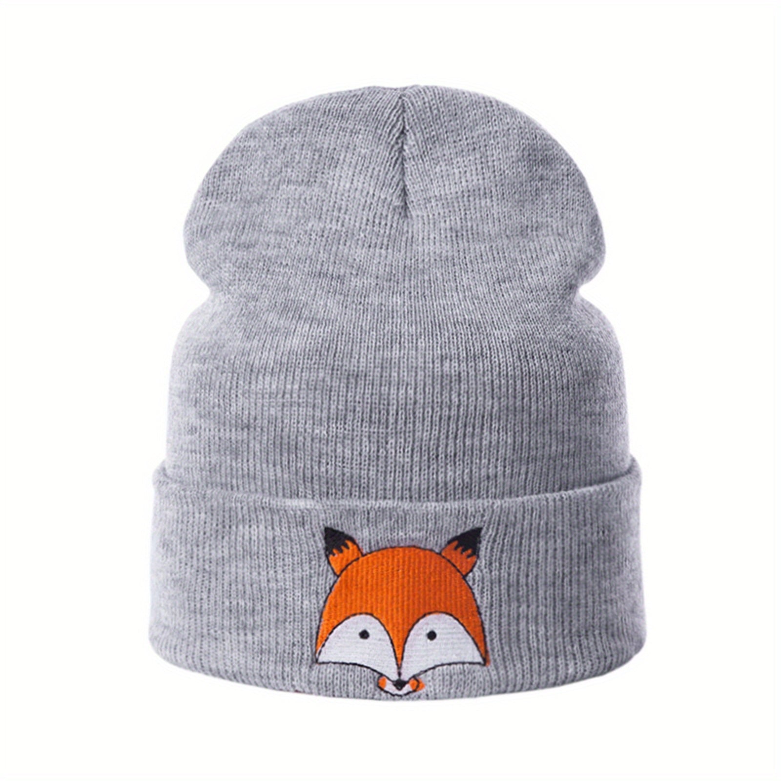 Cartoon Fox Embroidery Beanie Soft Elastic Knit Hat