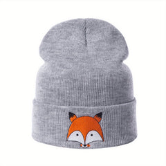 Cartoon Fox Embroidery Beanie Soft Elastic Knit Hat