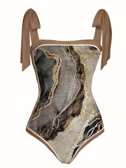 Brown Marble Print Swimsuit Set with Cover Up Skirt