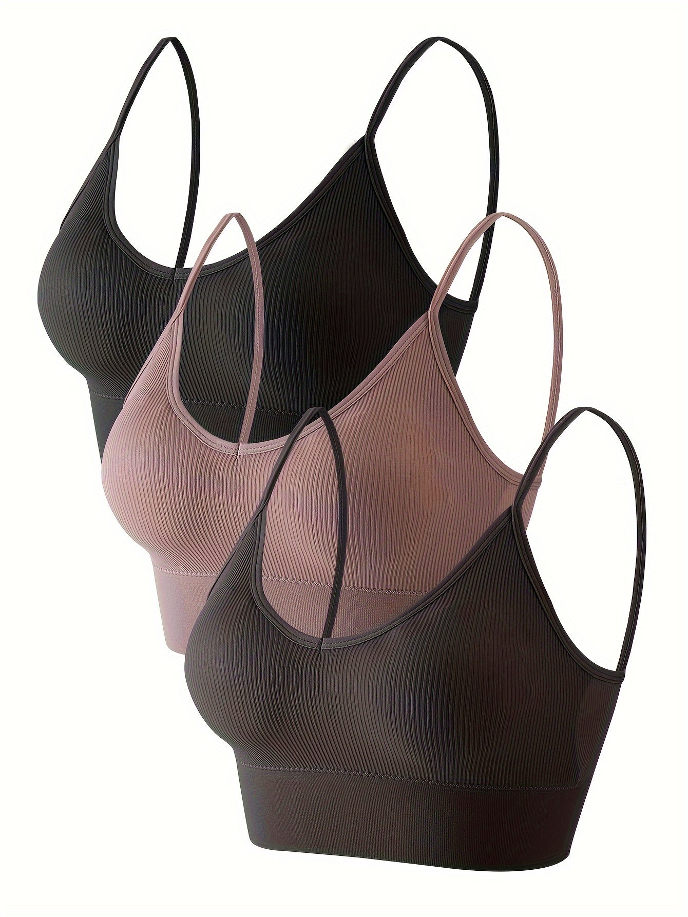 3pcs Solid Ribbed Cami Crop Tops V Neck Hollow Out Top Women's Lingerie