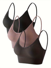 3pcs Solid Ribbed Cami Crop Tops V Neck Hollow Out Top Women's Lingerie