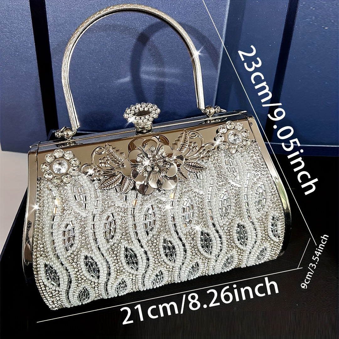 Silvery Pearl Evening Gift Bag Rhinestone Banquet Handbag