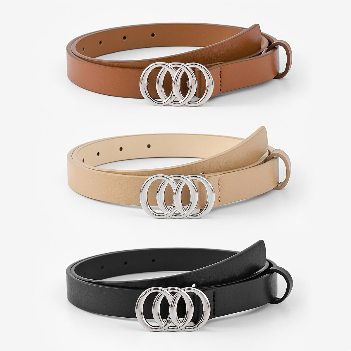 3pcs Round Buckle Classic PU Leather Belt Girls Casual Jeans Dress
