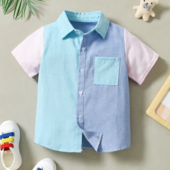 Boys Block Pocket Button Lapel Short Sleeve Shirts Tops Kids Clothes