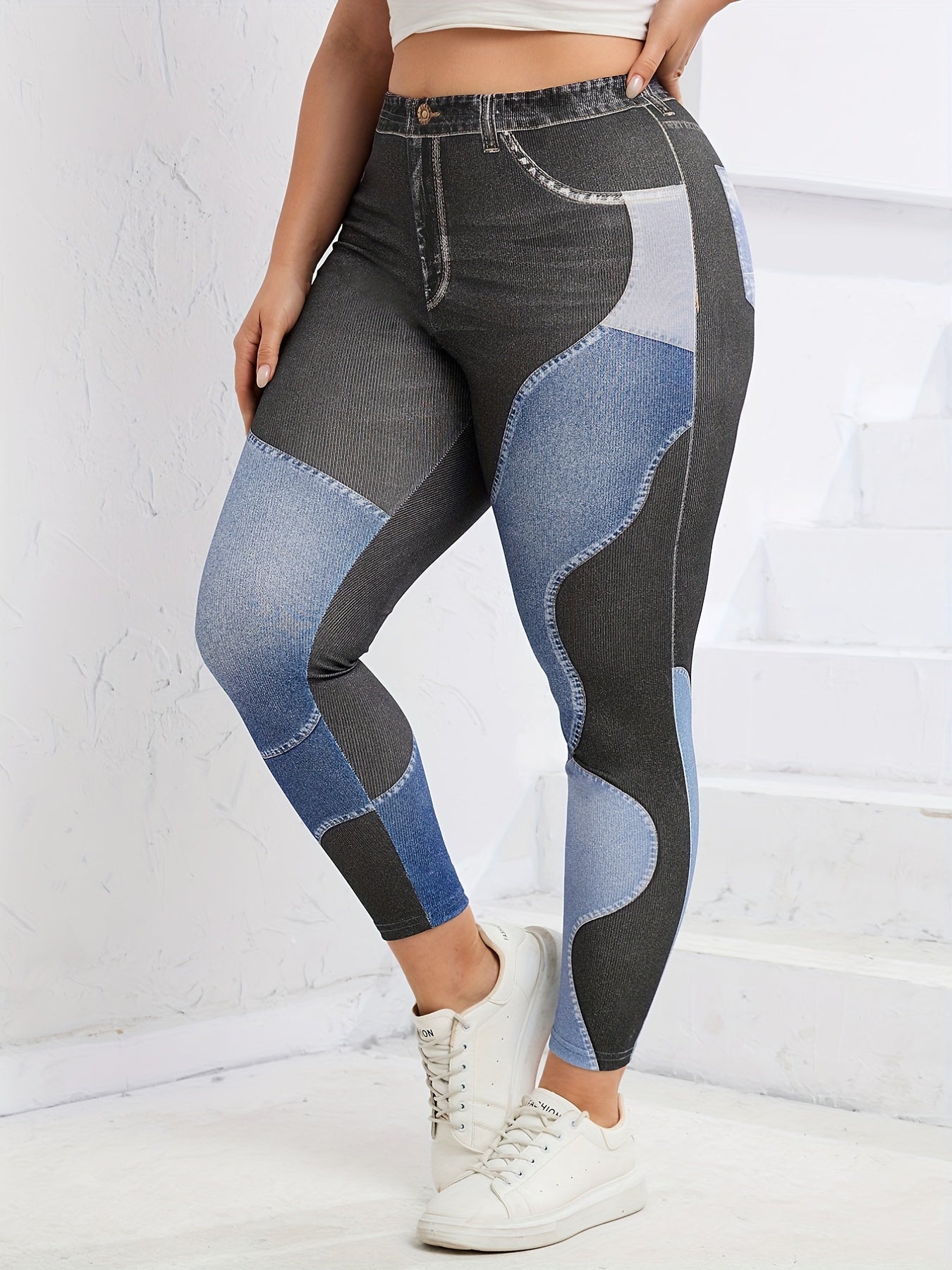 Denim Print Colorblock High Rise Leggings Plus Size Women Jeggings