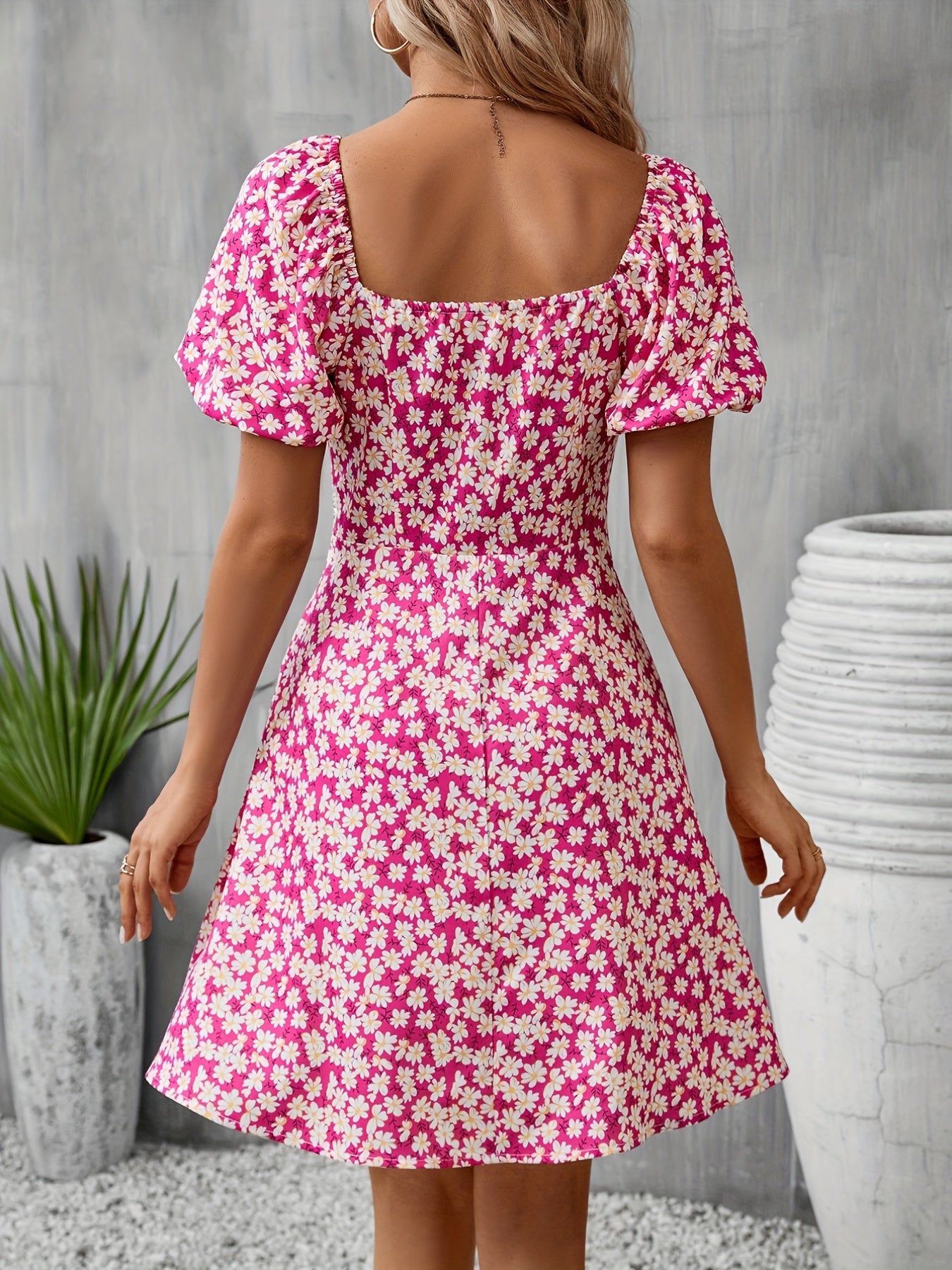 Floral Print Square Neck Dress Short Sleeve Spring Summer Women's Clothing