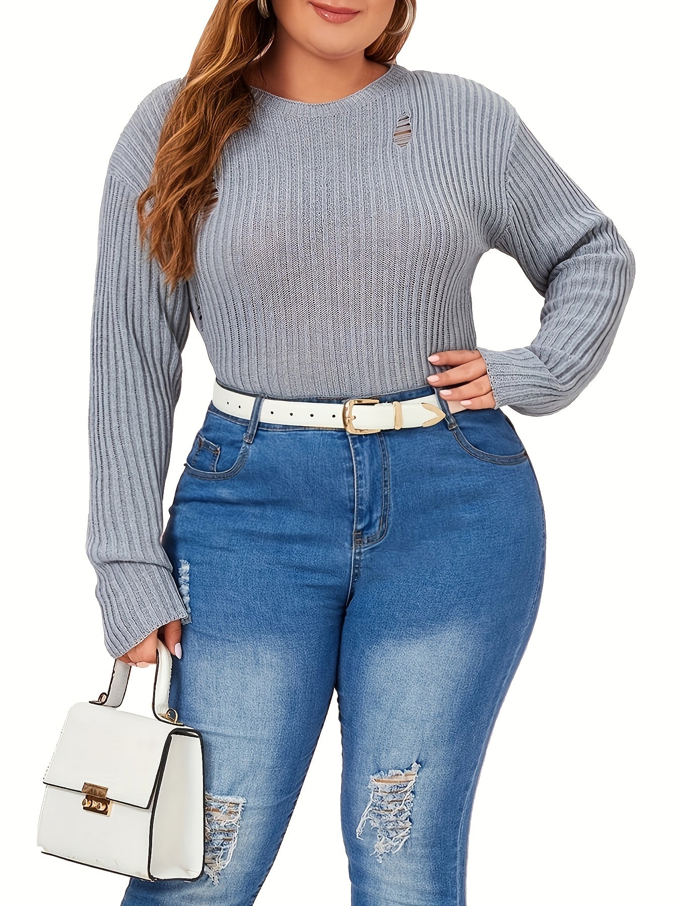 Solid Ripped Long Sleeve Sweater