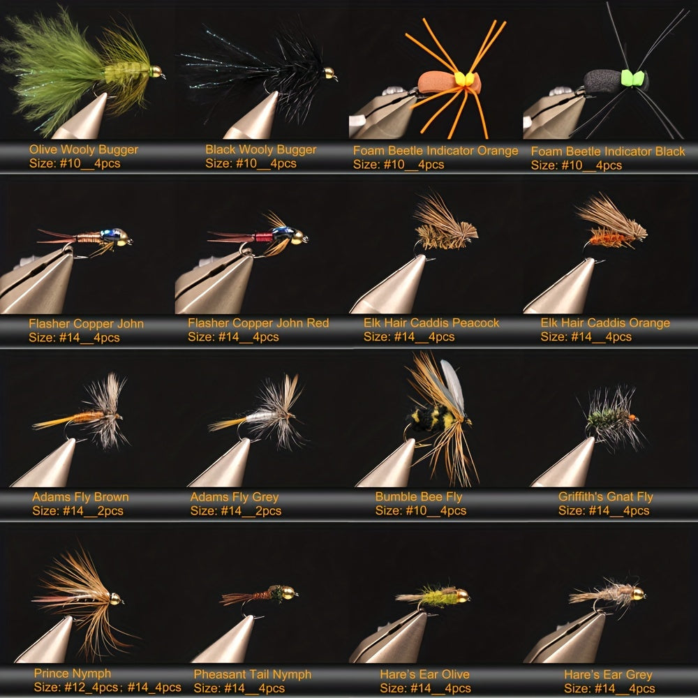 64pcs Fly Fishing Flies Kit Dry Wet Flies Baits Waterproof Box Fishing Gear