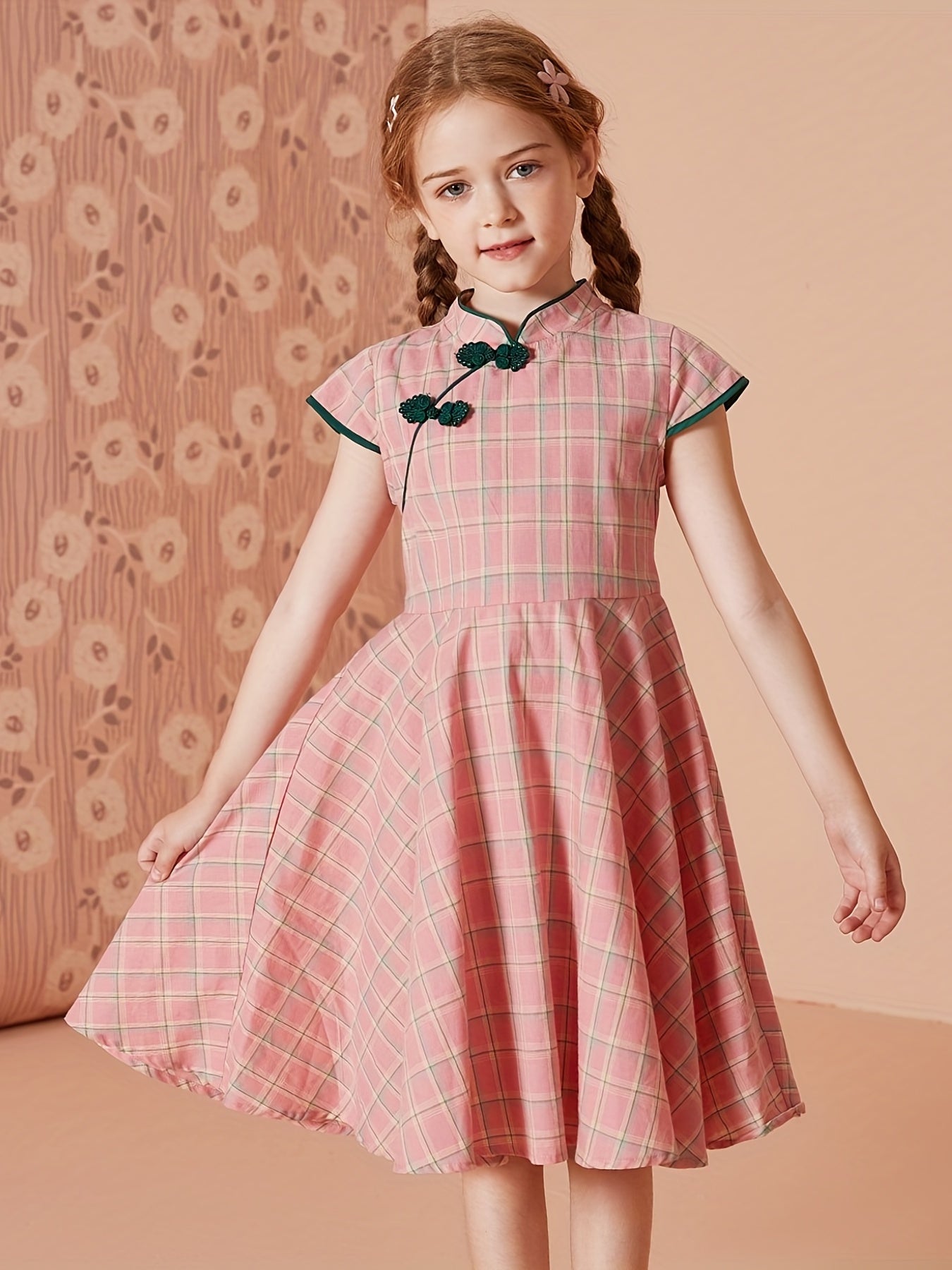 FOREST KIDS Vintage Plaid Cheongsam For Girls