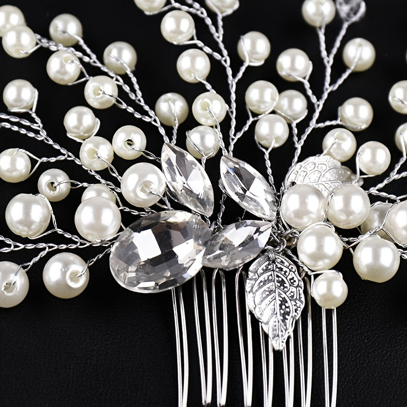 Silver Faux Pearl Crystal Wedding Hair Comb Headband for Bride