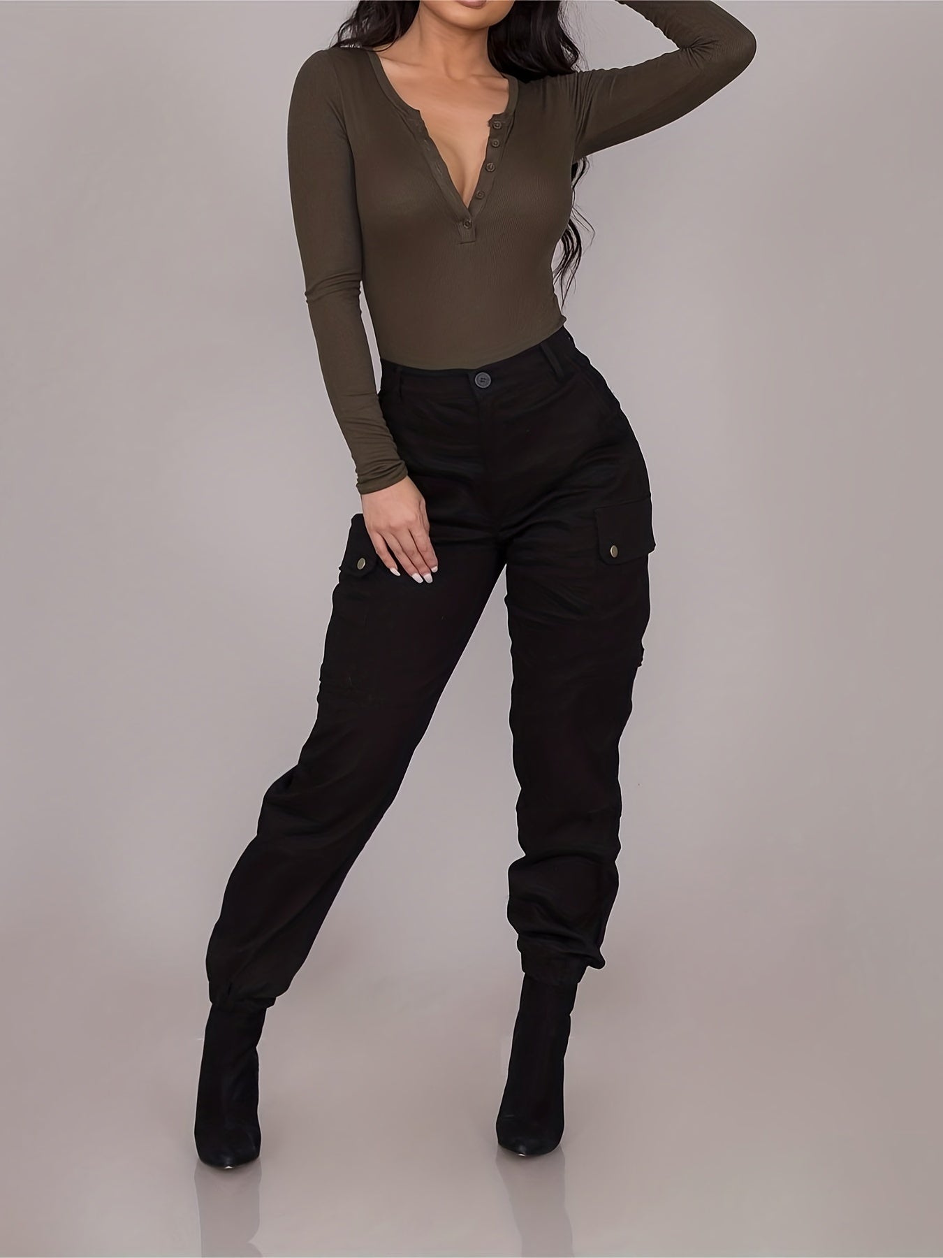 Dual Pockets Cargo Pants Casual Button Front Pants Spring/Fall Women's Clothing